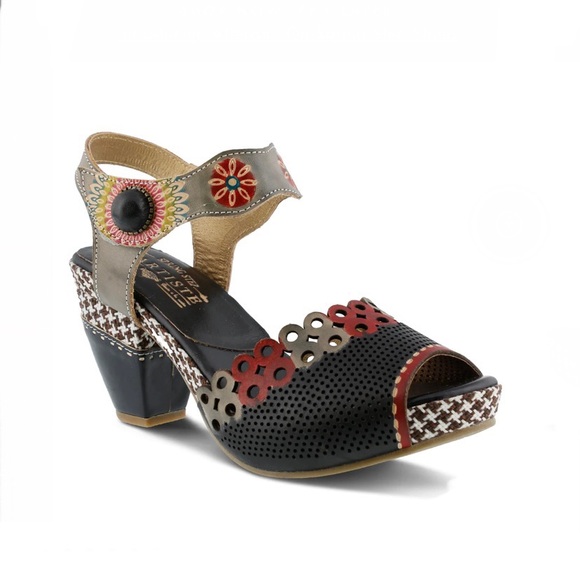 Spring Step L'Artiste Style Jive Black Colorful Hand Painted Leather Sandals - Picture 2 of 3